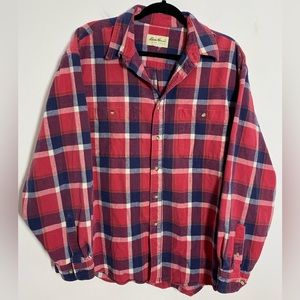 Eddie Bauer Size Large Plaid Red Blue Green Long Sleeve Brown Button Down Shirt
